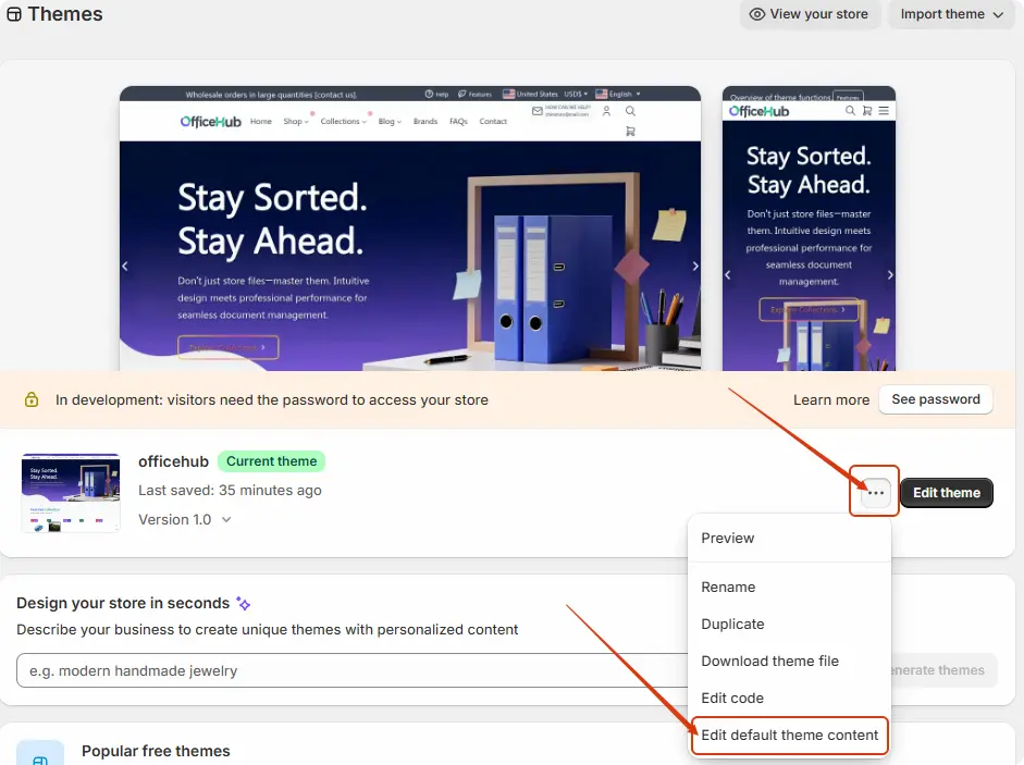 Edit default theme content option in Shopify admin