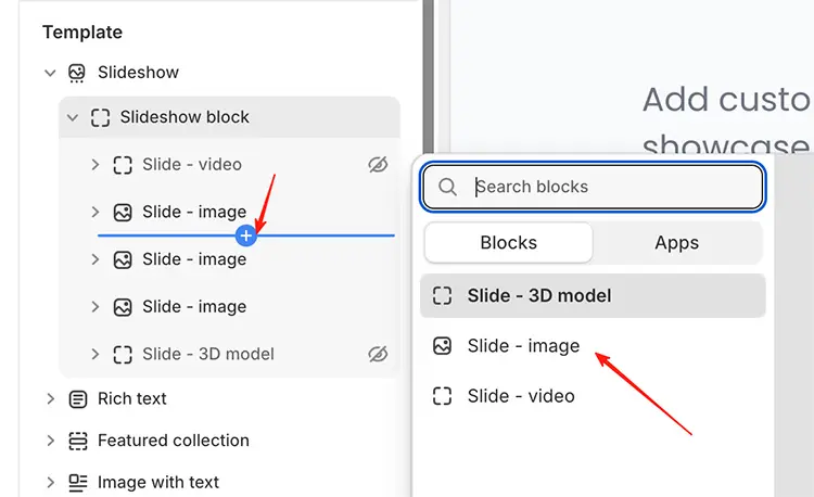 Adding and managing blocks in a section