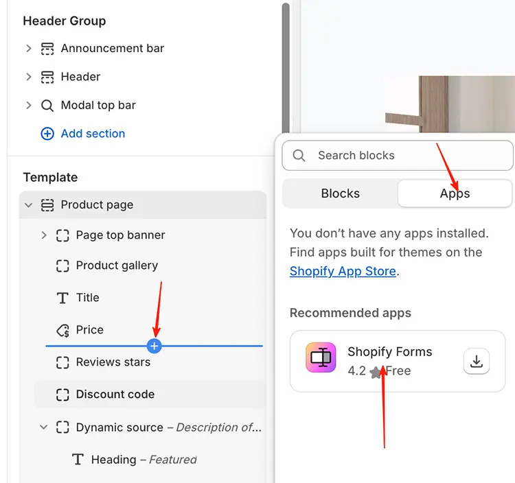 App blocks appear under the "Apps" category in the section picker