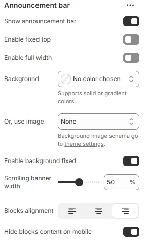 Announcement bar settings