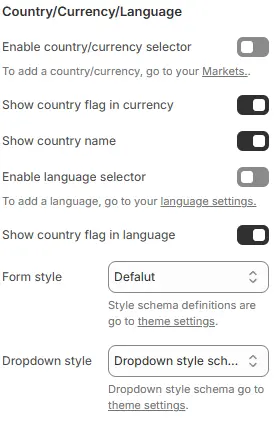 Country/Currency/Language settings