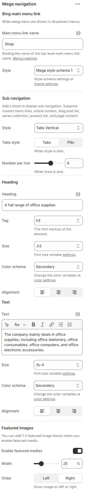 Mega Navigation settings