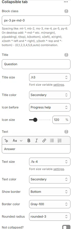 Collapsible Tab block settings