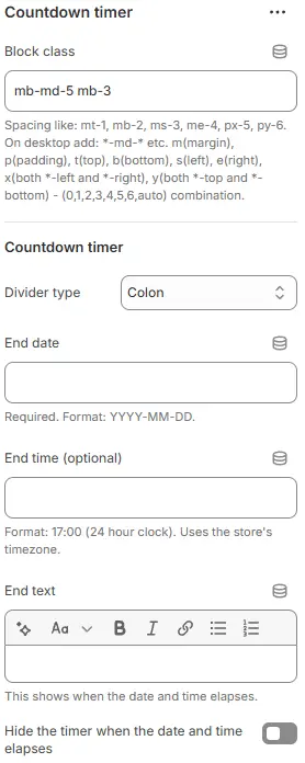 Countdown Timer block settings