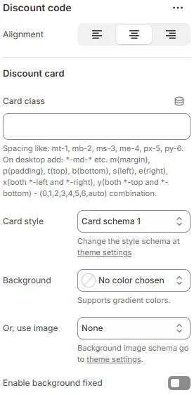 Discount Code block settings