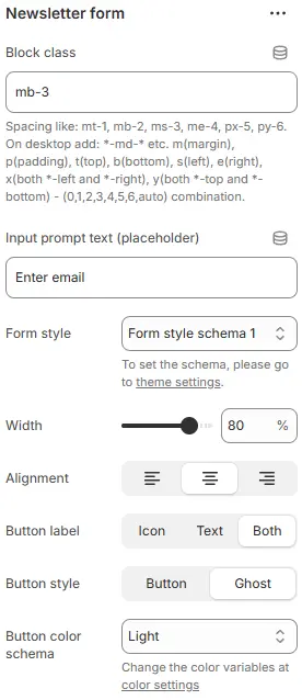 Newsletter Form block settings