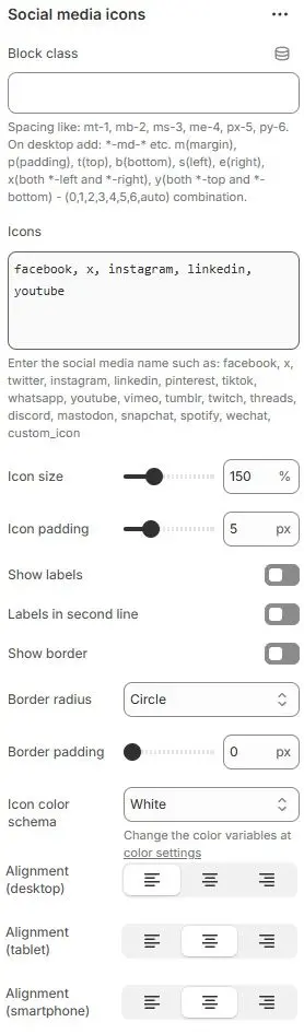 Social Media Icons block settings