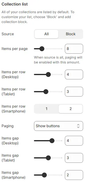 Collection List settings