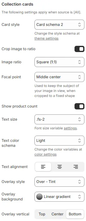 Collection Cards settings