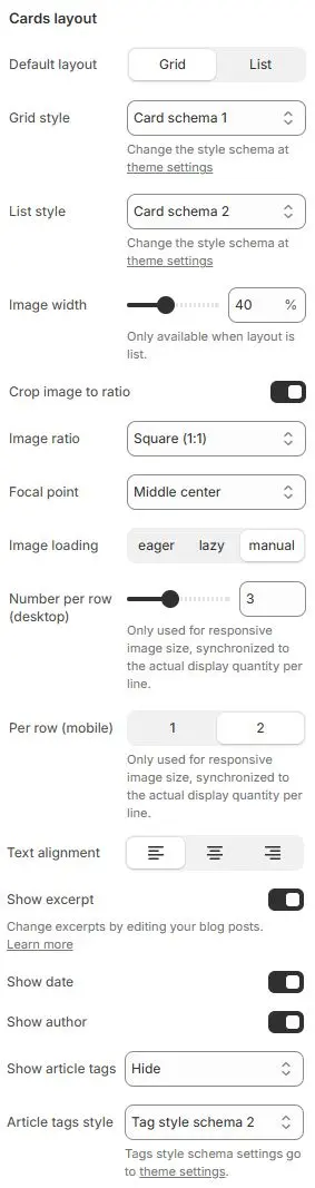 Cards Layout Settings