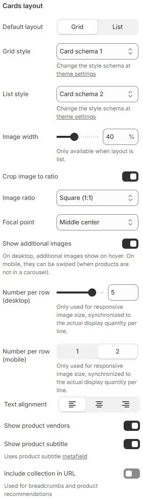 Cards Layout settings