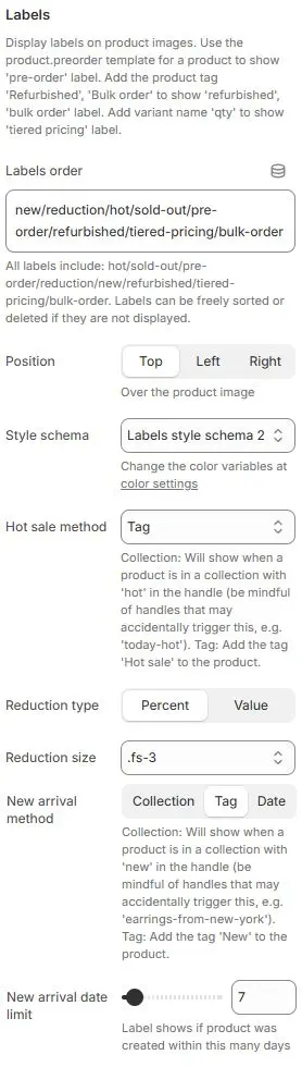 Labels settings