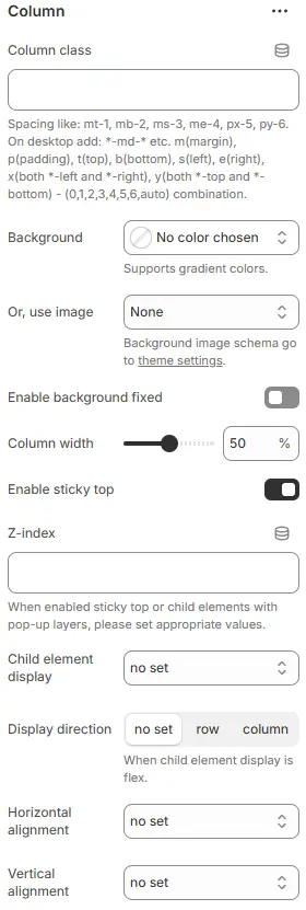 Column block settings