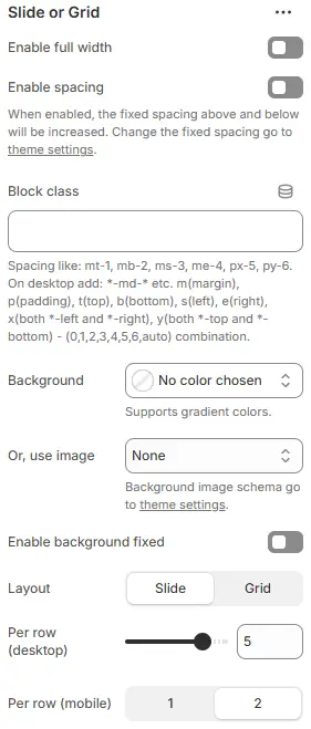Slide or Grid Settings