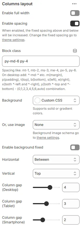Columns Layout Settings