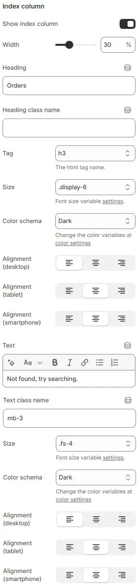 Index Column Settings