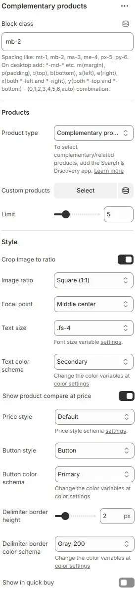 Complementary Products settings