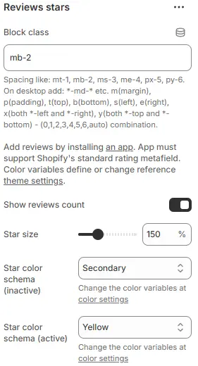 Reviews Stars settings