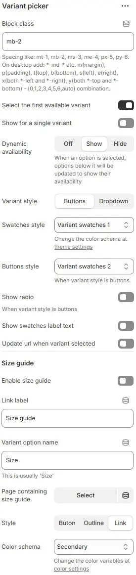 Variant Picker settings