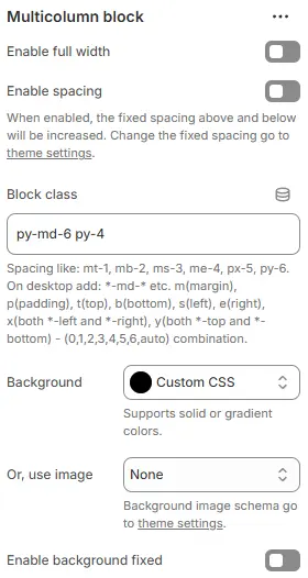 Multi Column Settings