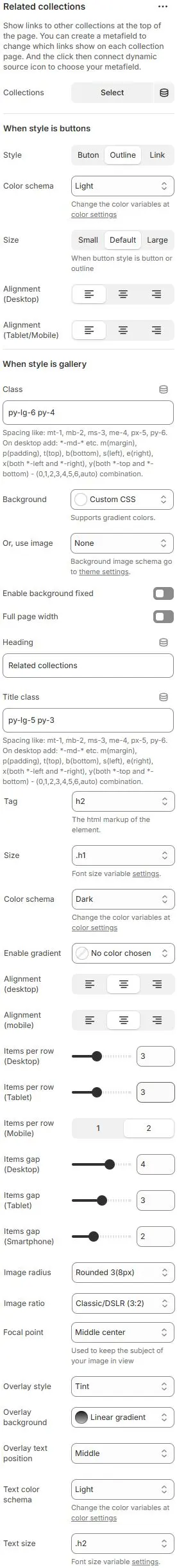 Related collections settings
