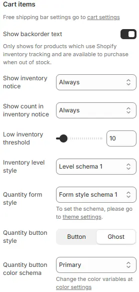 Cart Items settings