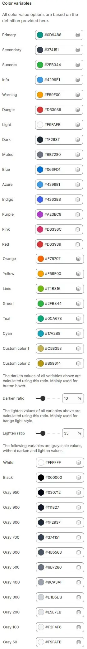 Colors variables settings