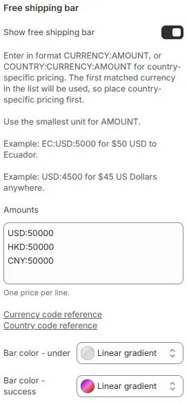 Free Shipping Bar settings